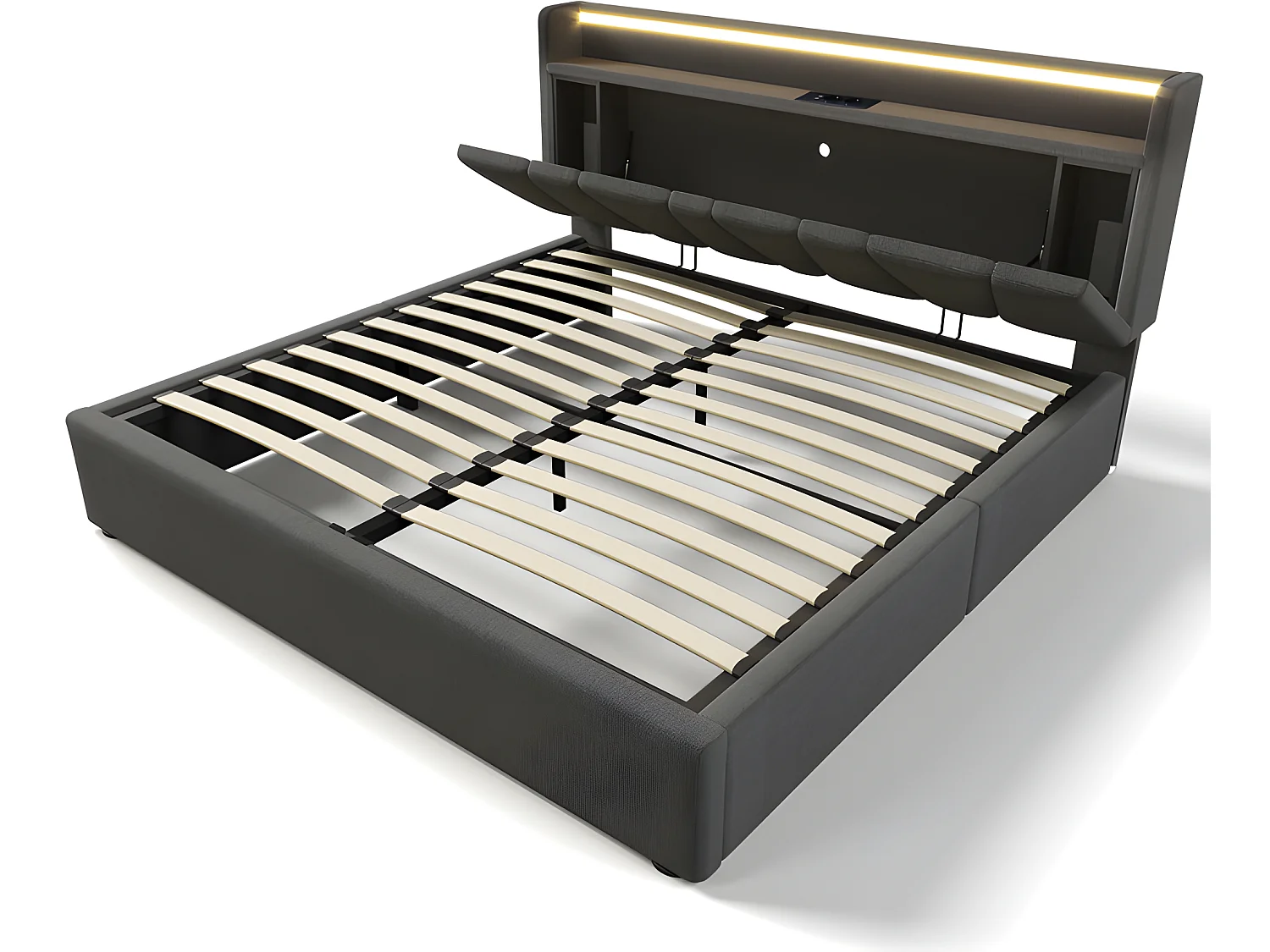 Lit coffre 160x200cm - avec LED et ports de chargement - tissu en lin - Gris