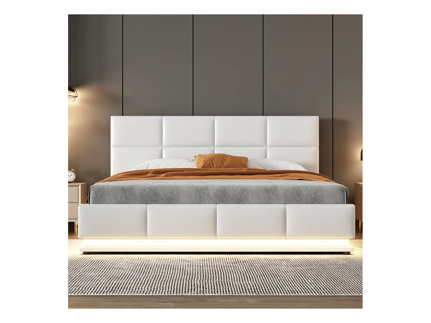 Lit coffre 160x200cm en similicuir avec LED + sommier à lattes + tête de lit réglable - Blanc