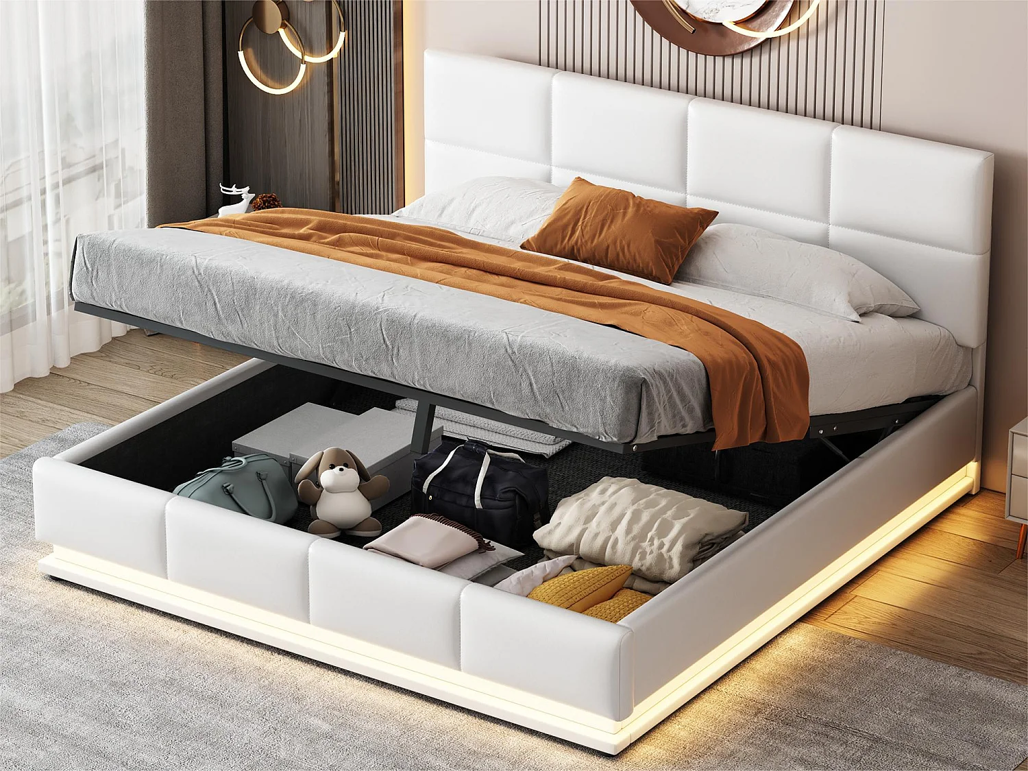 Lit coffre 160x200cm en similicuir avec LED + sommier à lattes + tête de lit réglable - Blanc