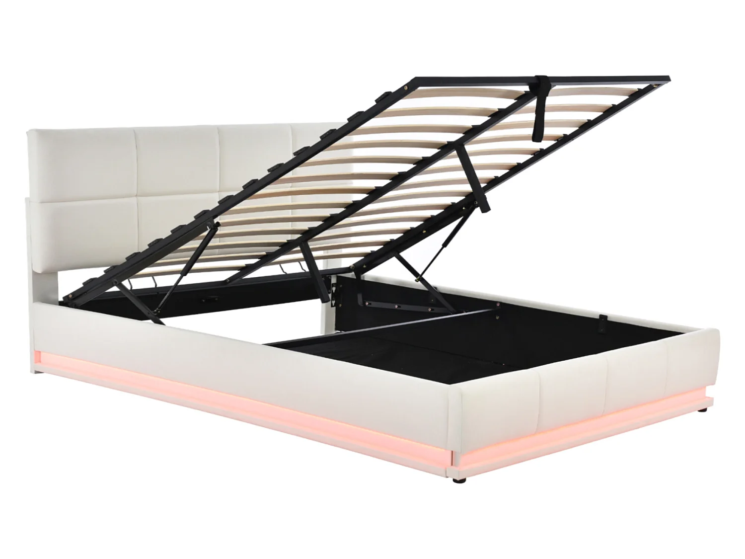 Lit coffre 160x200cm en similicuir avec LED + sommier à lattes + tête de lit réglable - Blanc