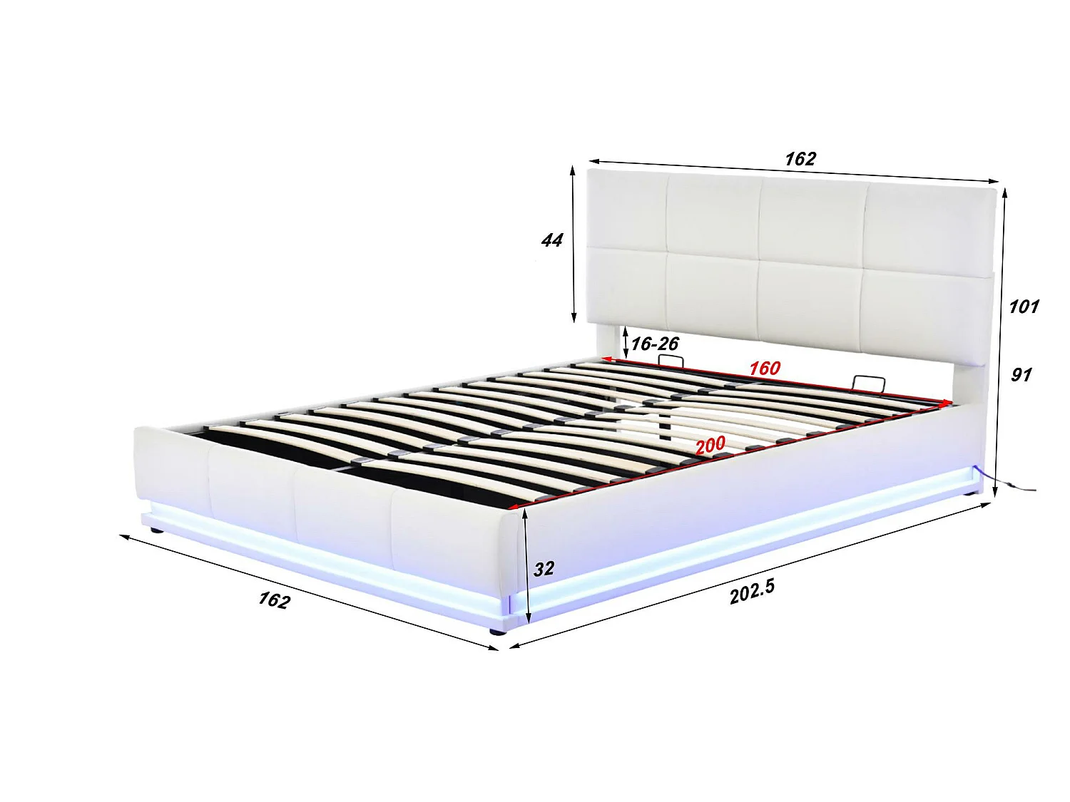 Lit coffre 160x200cm en similicuir avec LED + sommier à lattes + tête de lit réglable - Blanc