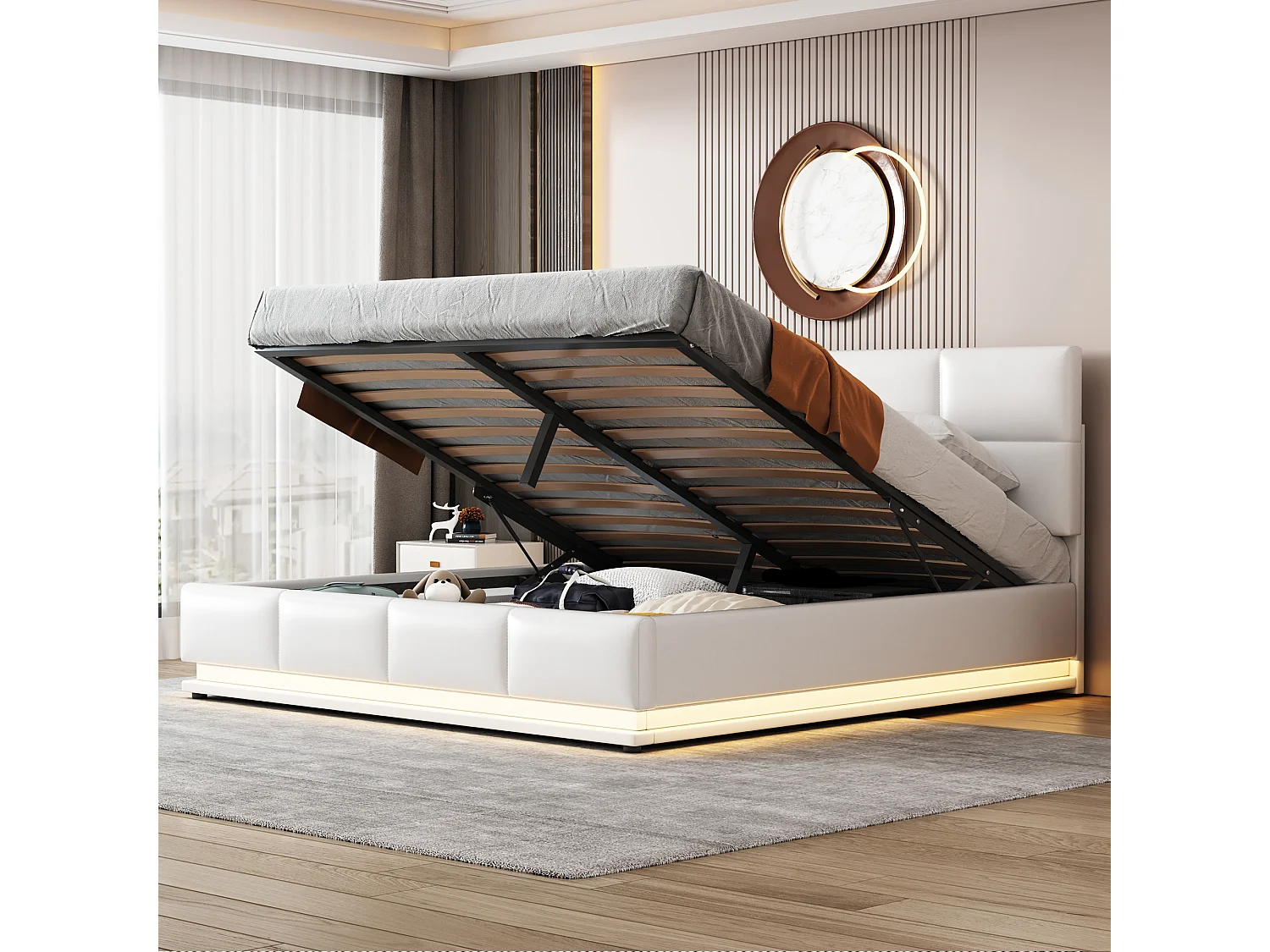 Lit coffre 160x200cm en similicuir avec LED + sommier à lattes + tête de lit réglable - Blanc