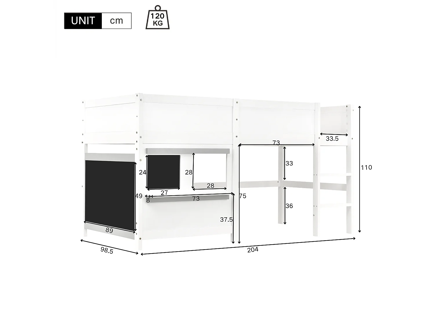 Letto a soppalco 90x200 cm - con 2 pannelli graffiti - Bianco