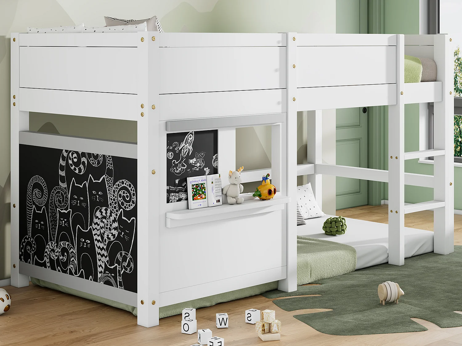 Lit mezzanine 90x200cm - avec 2 panneaux de graffitis - Blanc