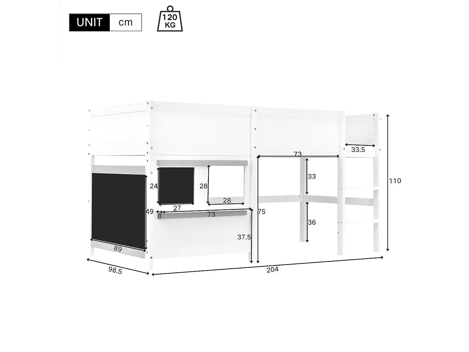 Lit mezzanine 90x200cm - avec 2 panneaux de graffitis - Blanc