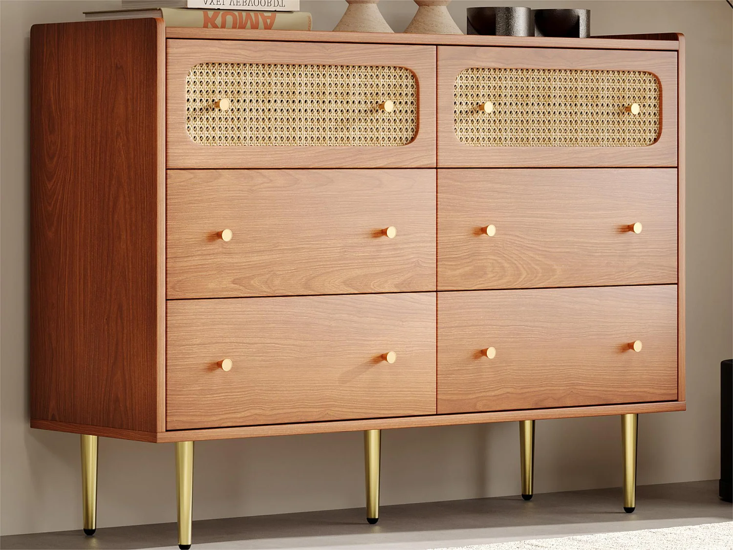 Rattan-Sideboard mit 6 Schubladen – braun