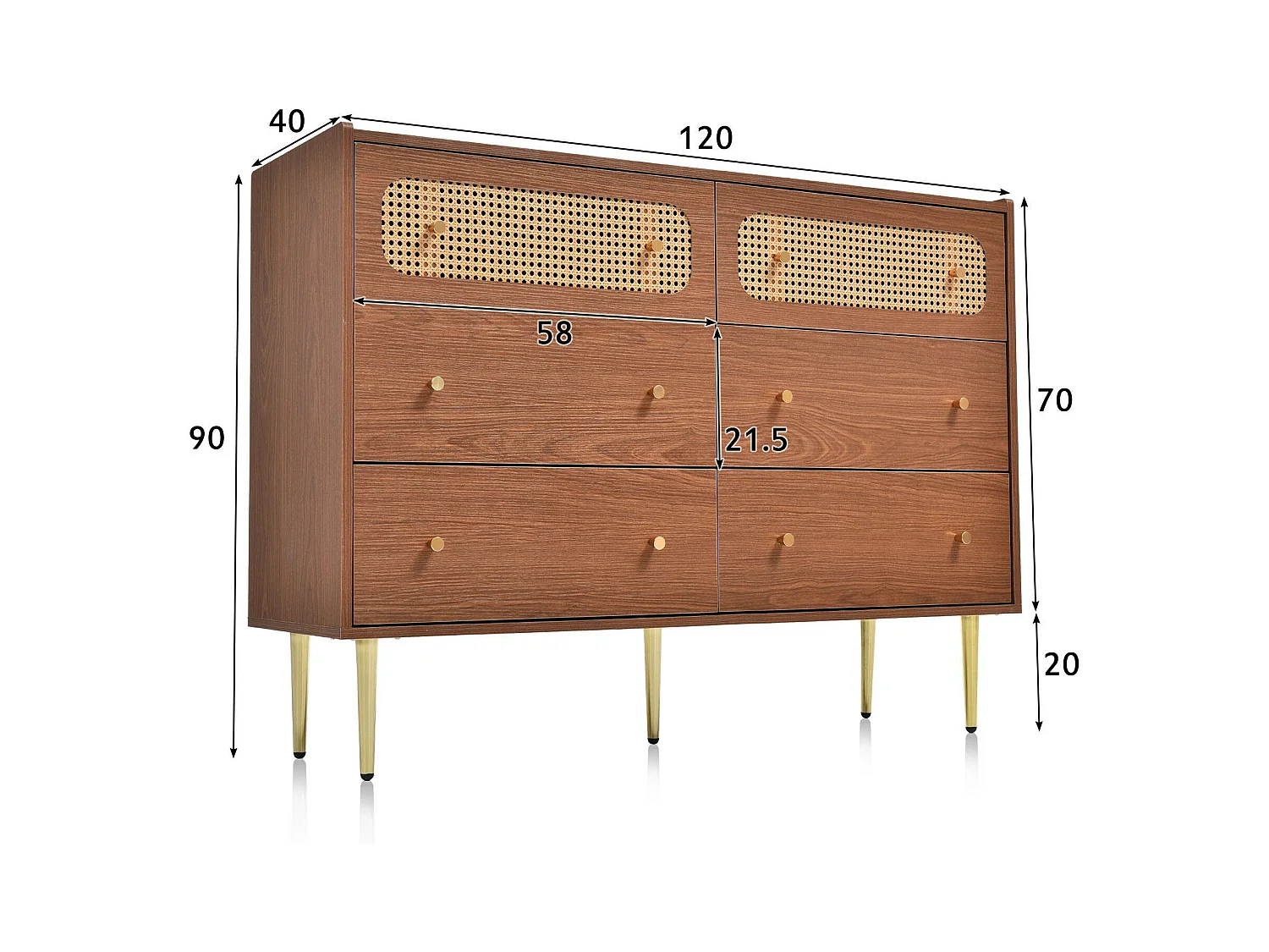 Rattan-Sideboard mit 6 Schubladen – braun