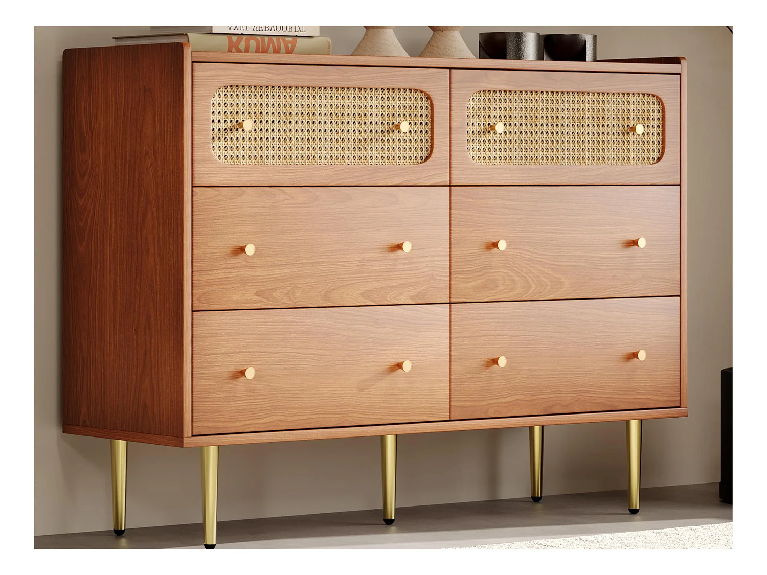 Buffet bas en rotin avec 6 tiroirs - marron