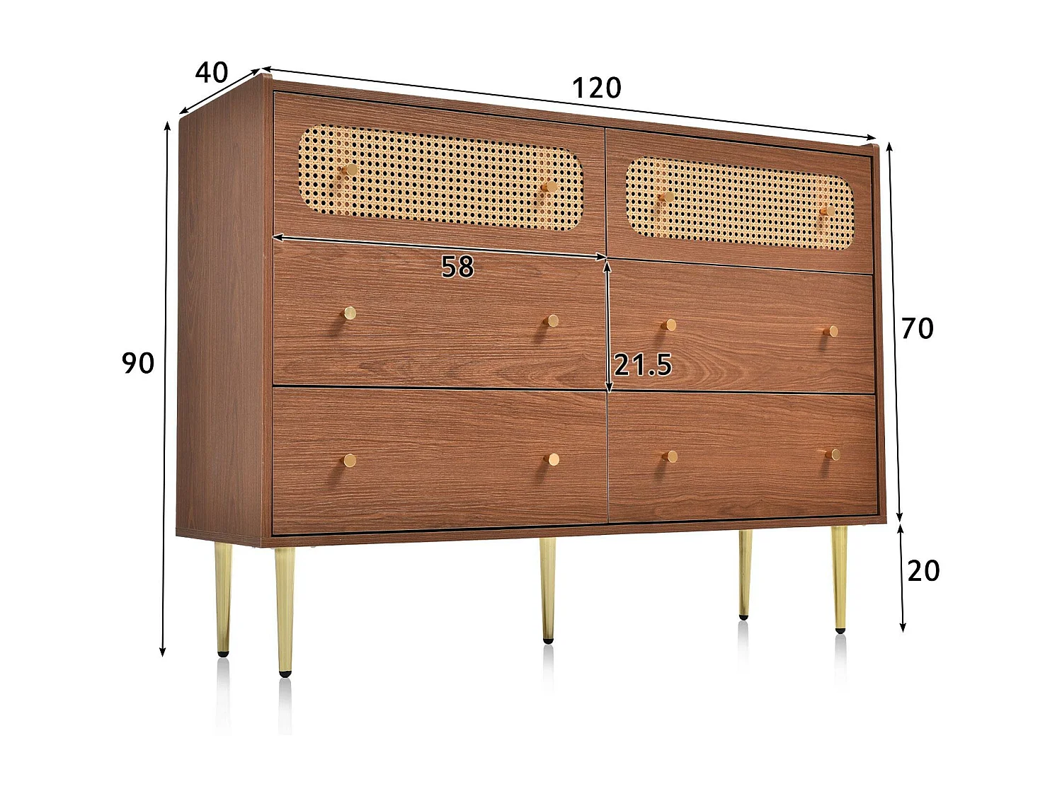 Credenza bassa in rattan con 6 cassetti - marrone