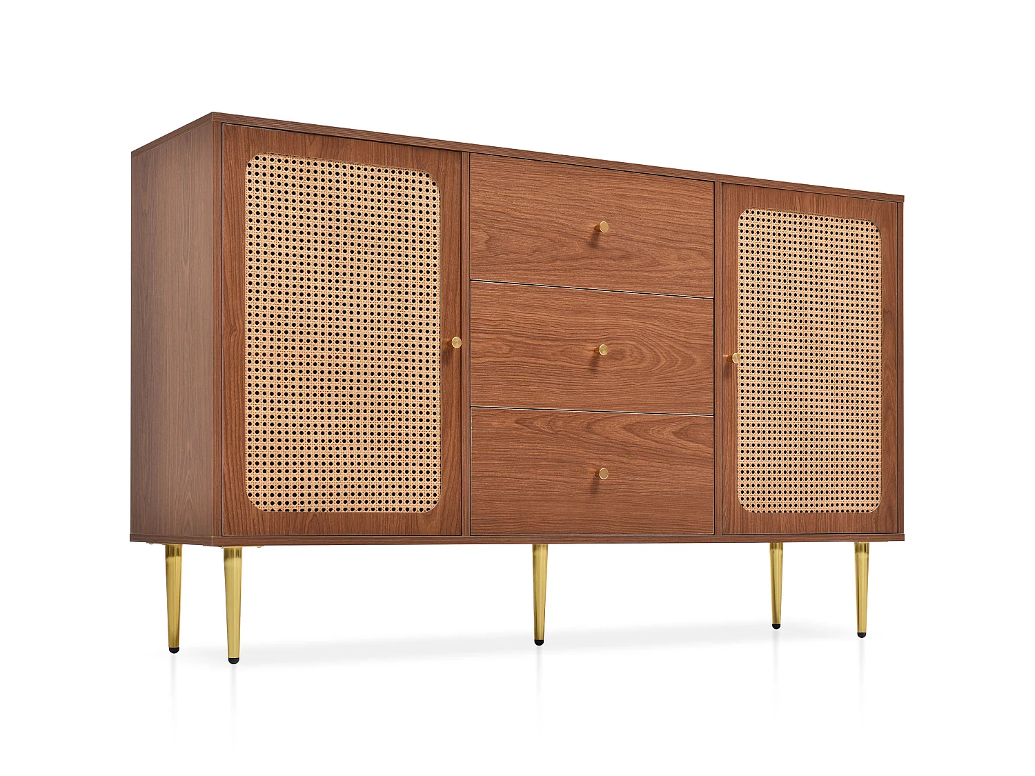 Laag rotan dressoir met 3 laden en 2 deuren - bruin