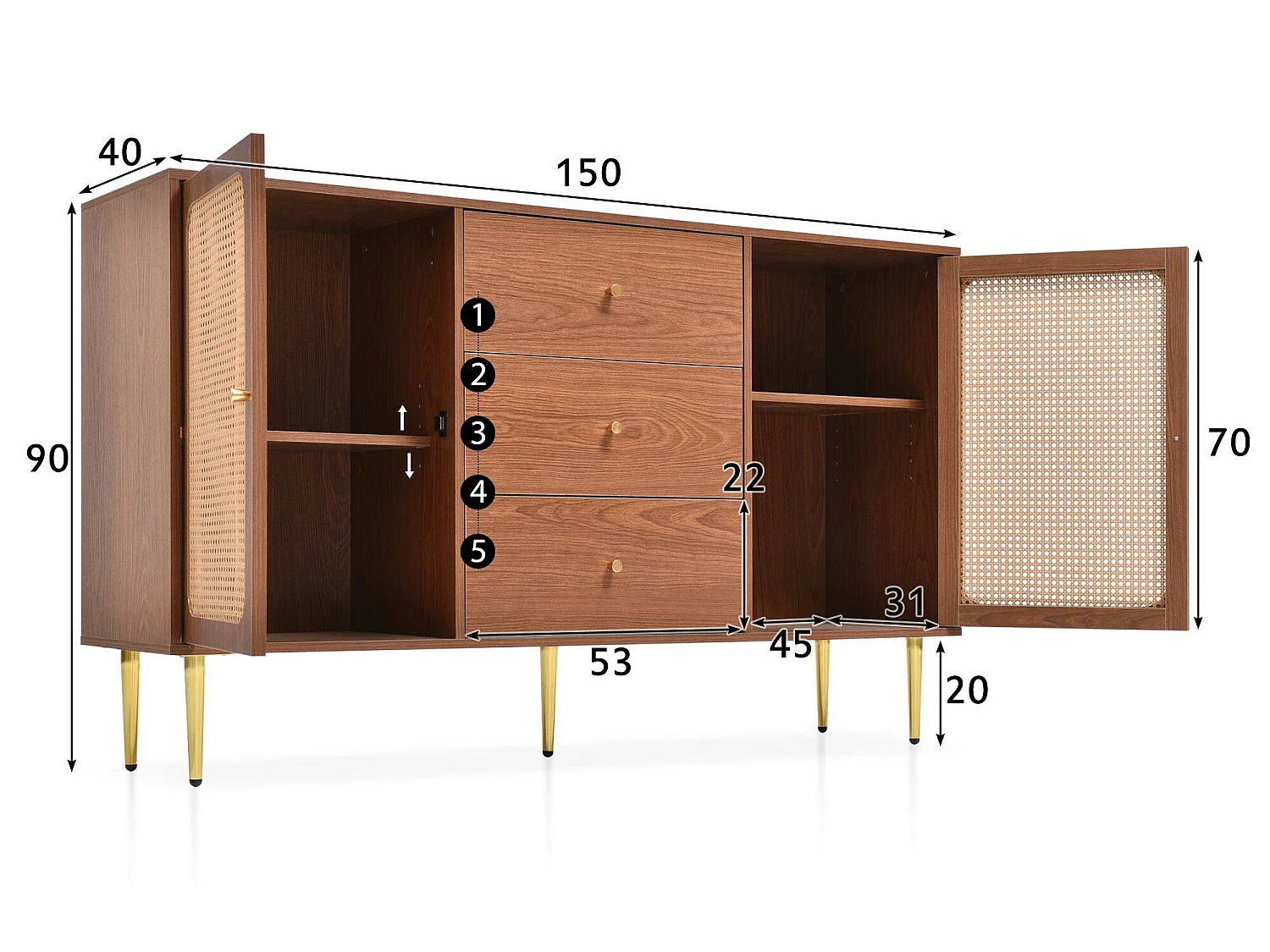Laag rotan dressoir met 3 laden en 2 deuren - bruin