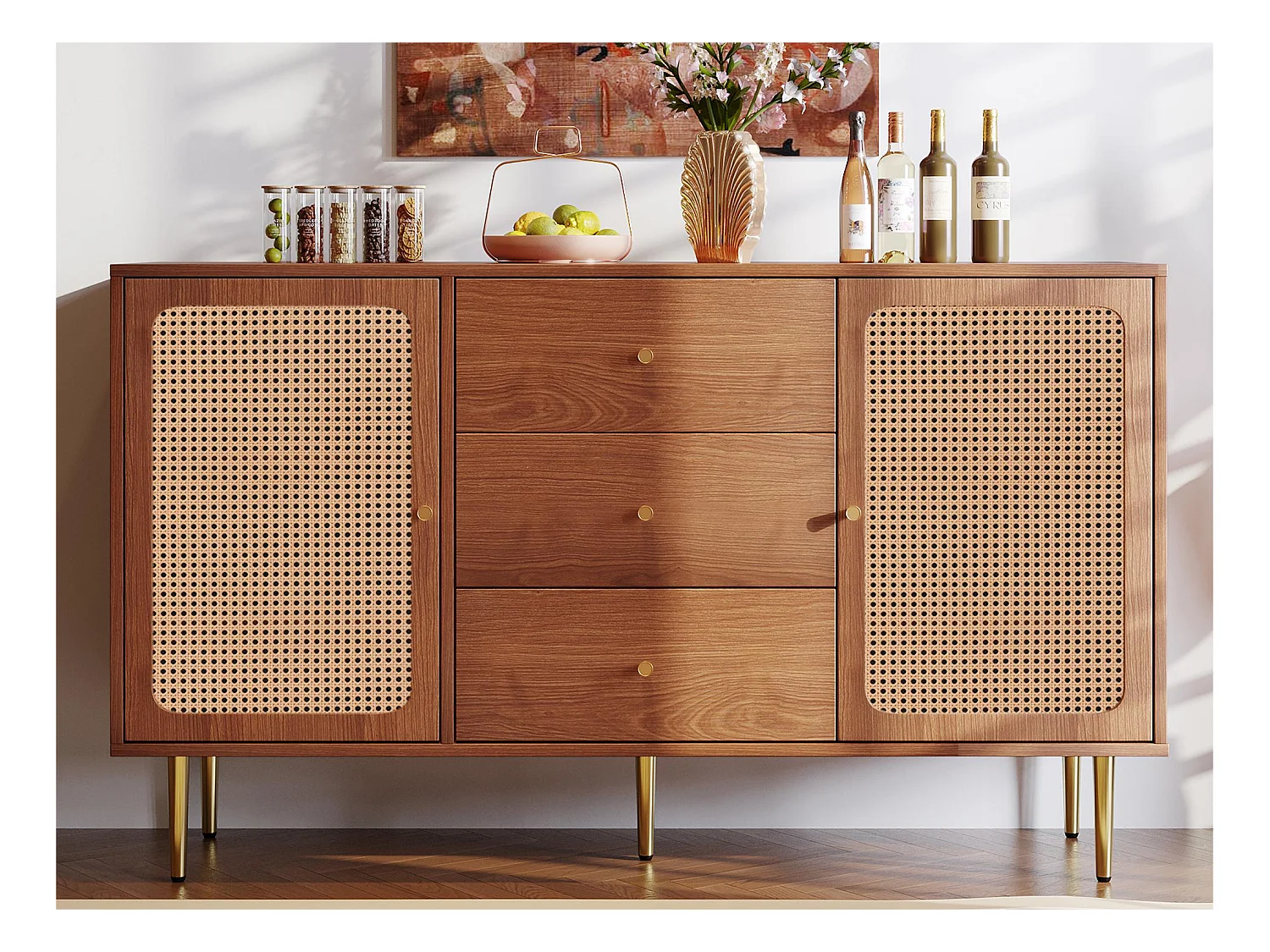 Buffet bas en rotin avec 3 tiroirs & 2 portes - marron