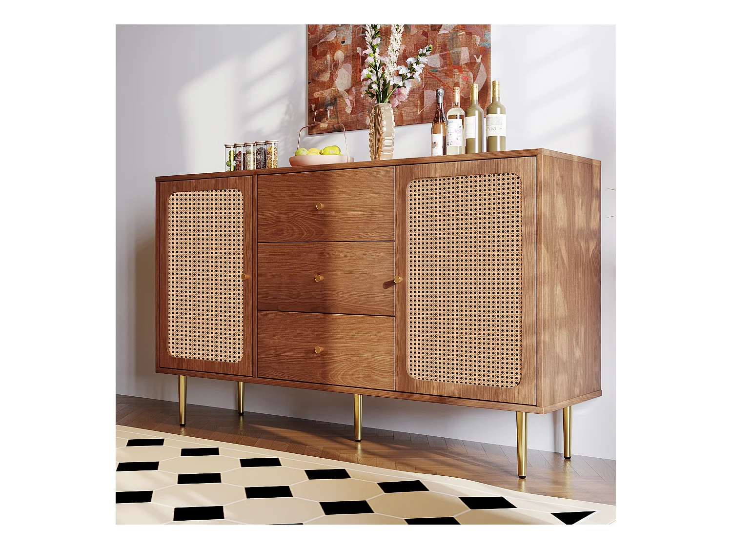 Aparador bajo de ratán con 3 cajones y 2 puertas - marrón