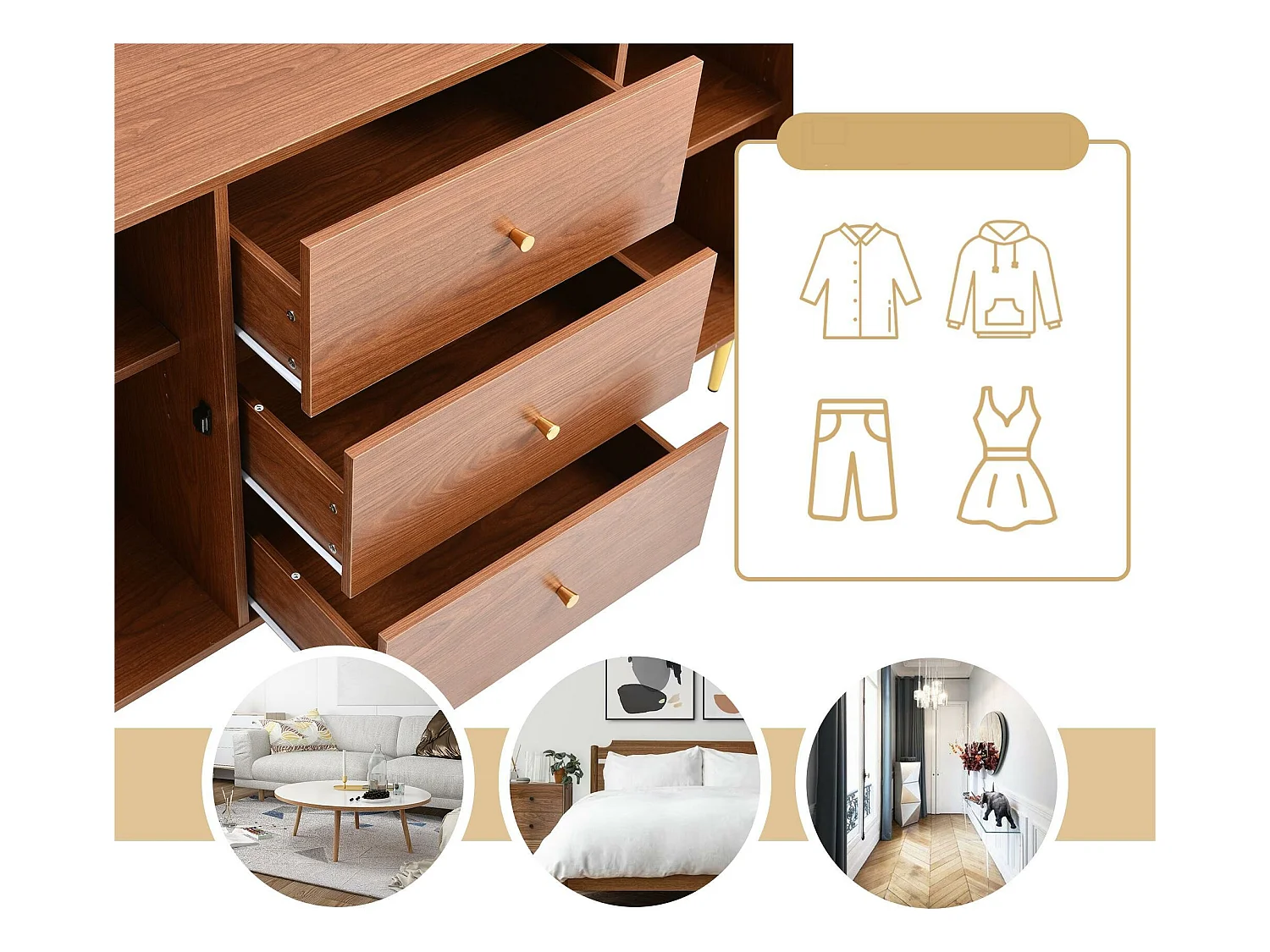 Aparador bajo de ratán con 3 cajones y 2 puertas - marrón