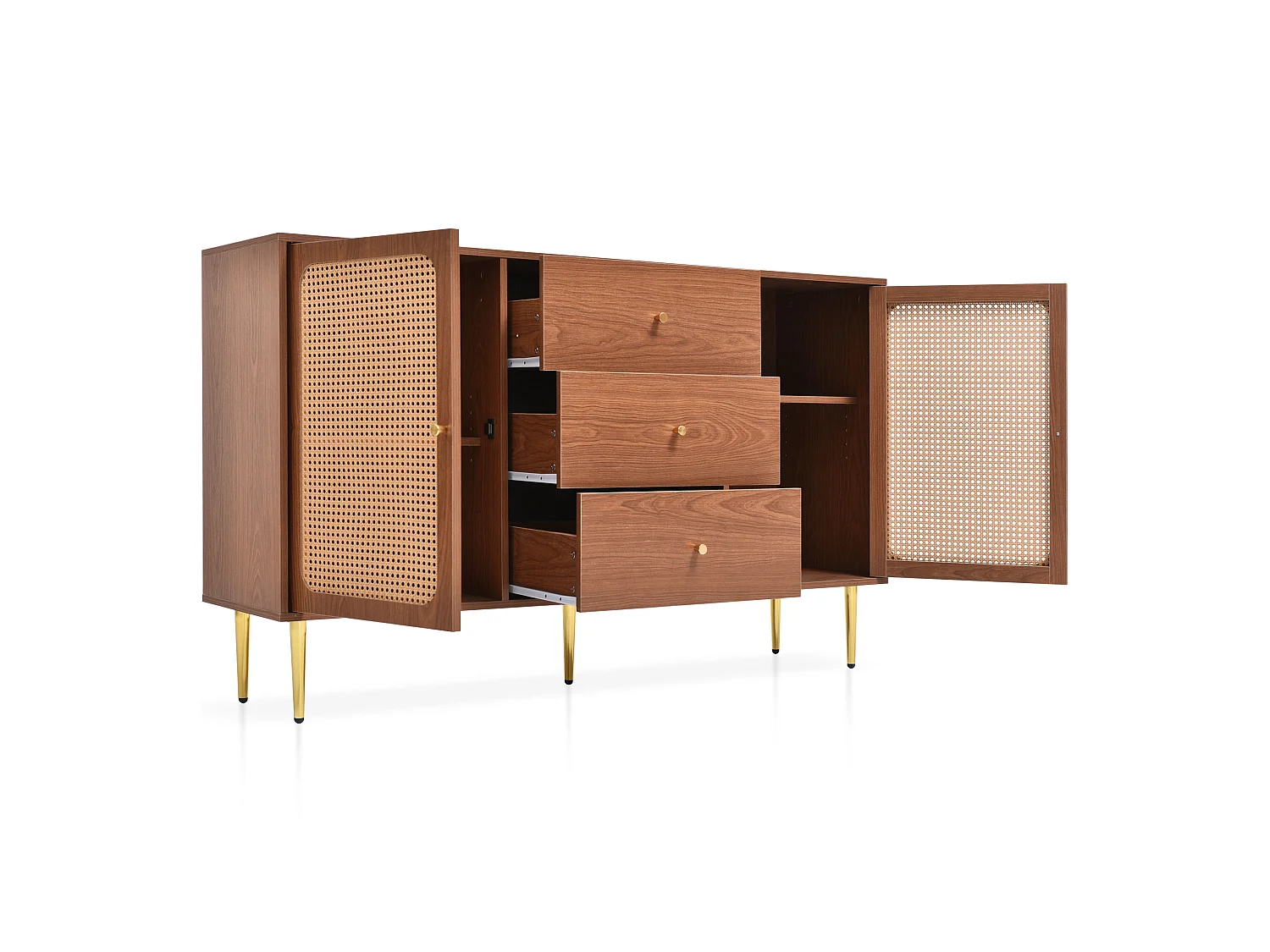 Aparador bajo de ratán con 3 cajones y 2 puertas - marrón