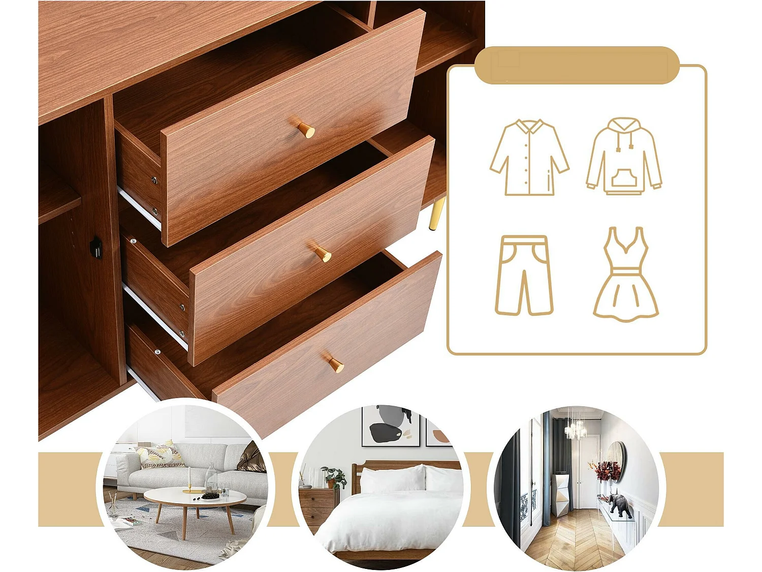 Buffet bas en rotin avec 3 tiroirs & 2 portes - marron