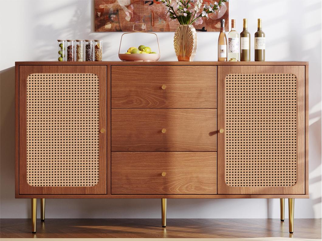 Credenza bassa in rattan con 3 cassetti e 2 ante - marrone