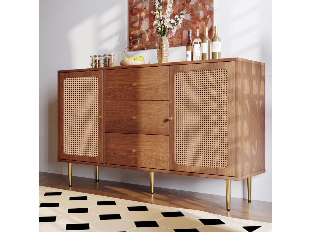 Laag rotan dressoir met 3 laden en 2 deuren - bruin
