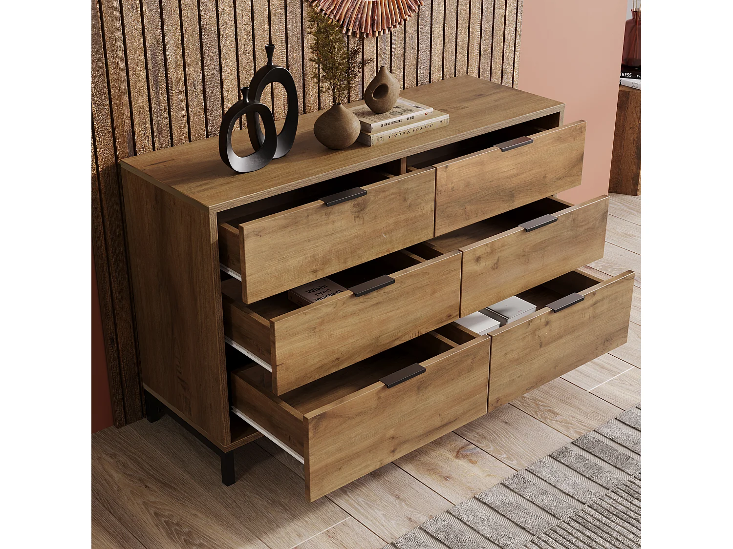 Sideboard mit 6 Schubladen + verstellbaren Einlegeböden – Dunkle Eiche