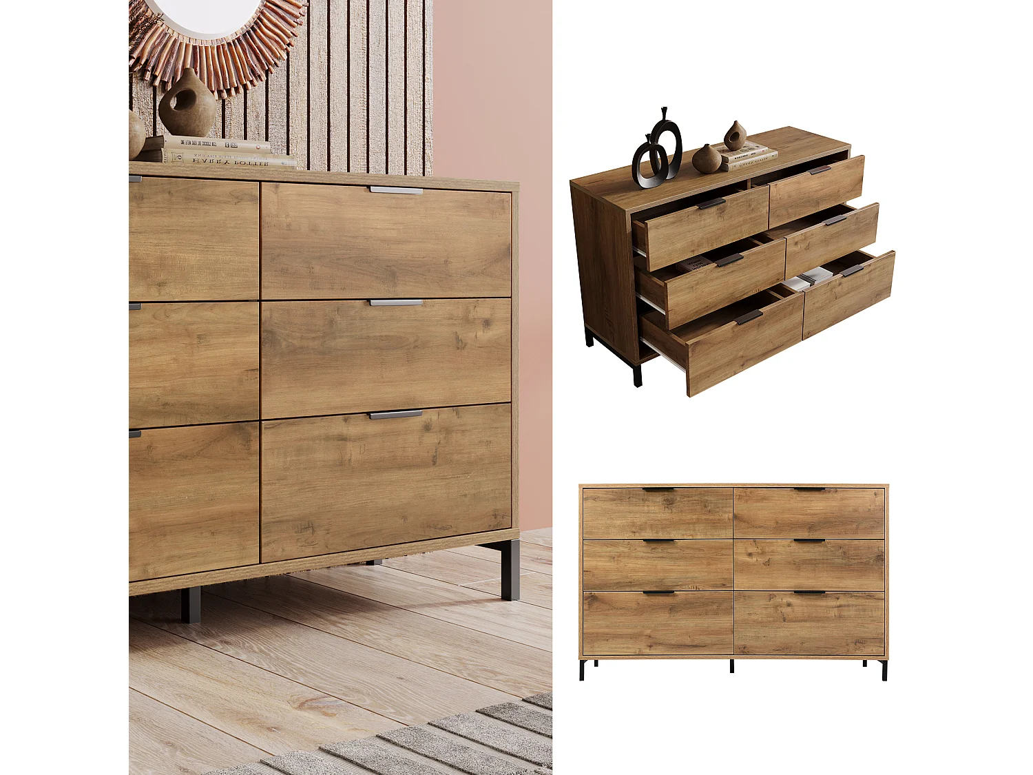 Sideboard mit 6 Schubladen + verstellbaren Einlegeböden – Dunkle Eiche