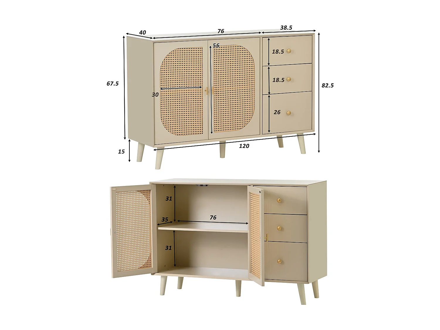 Niedriges Sideboard mit 2 Türen und 3 Schubladen – Rattantüren – Creme