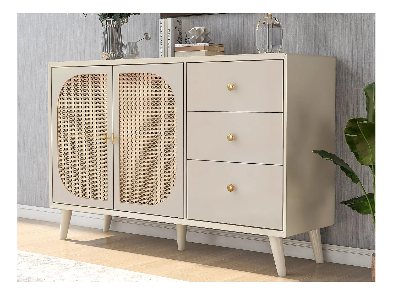 Buffet bas avec 2 portes et 3 tiroirs - portes en rotin - Crème