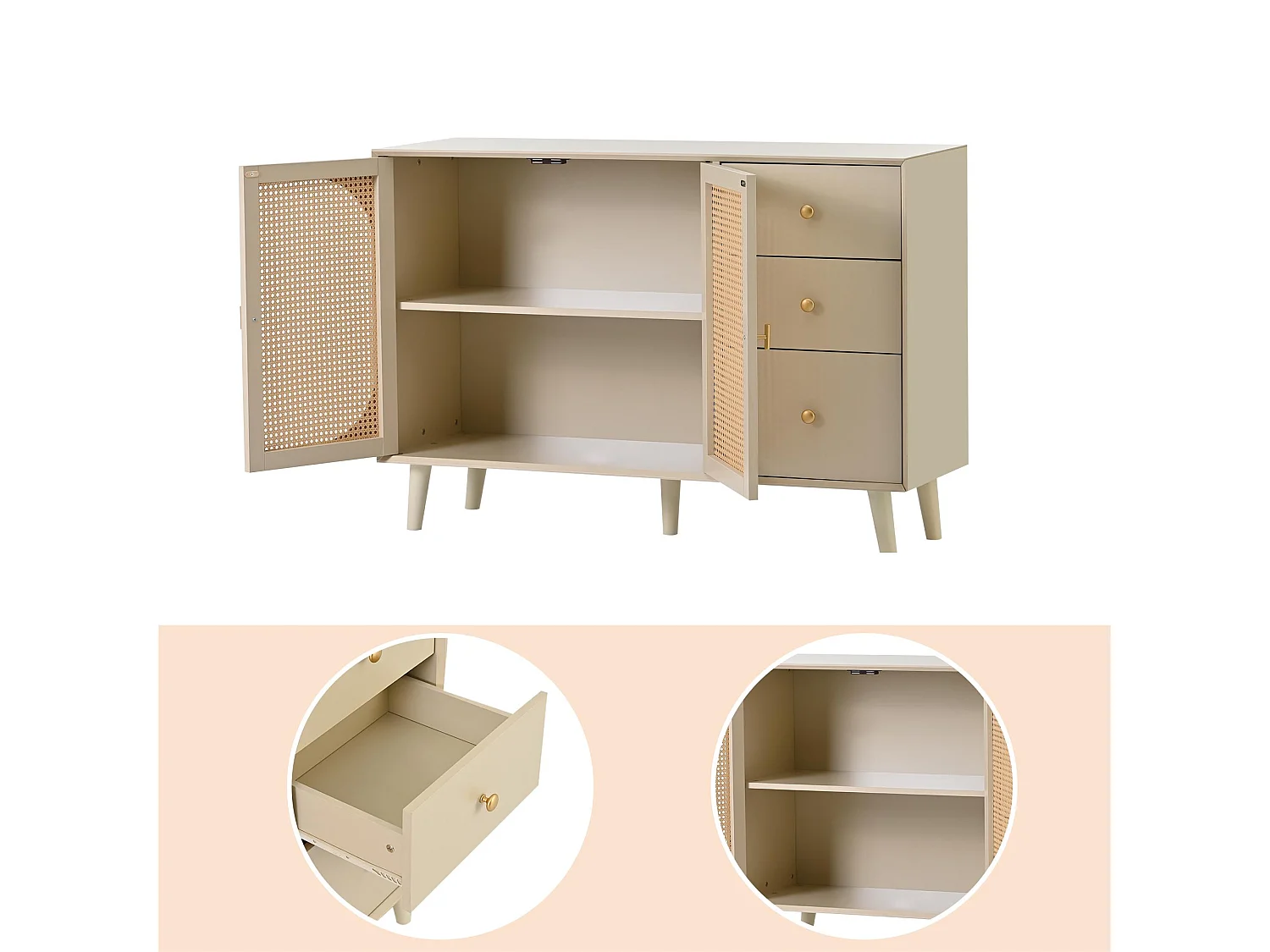 Niedriges Sideboard mit 2 Türen und 3 Schubladen – Rattantüren – Creme