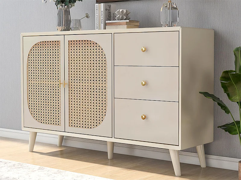 Buffet bas avec 2 portes et 3 tiroirs - portes en rotin - Crème