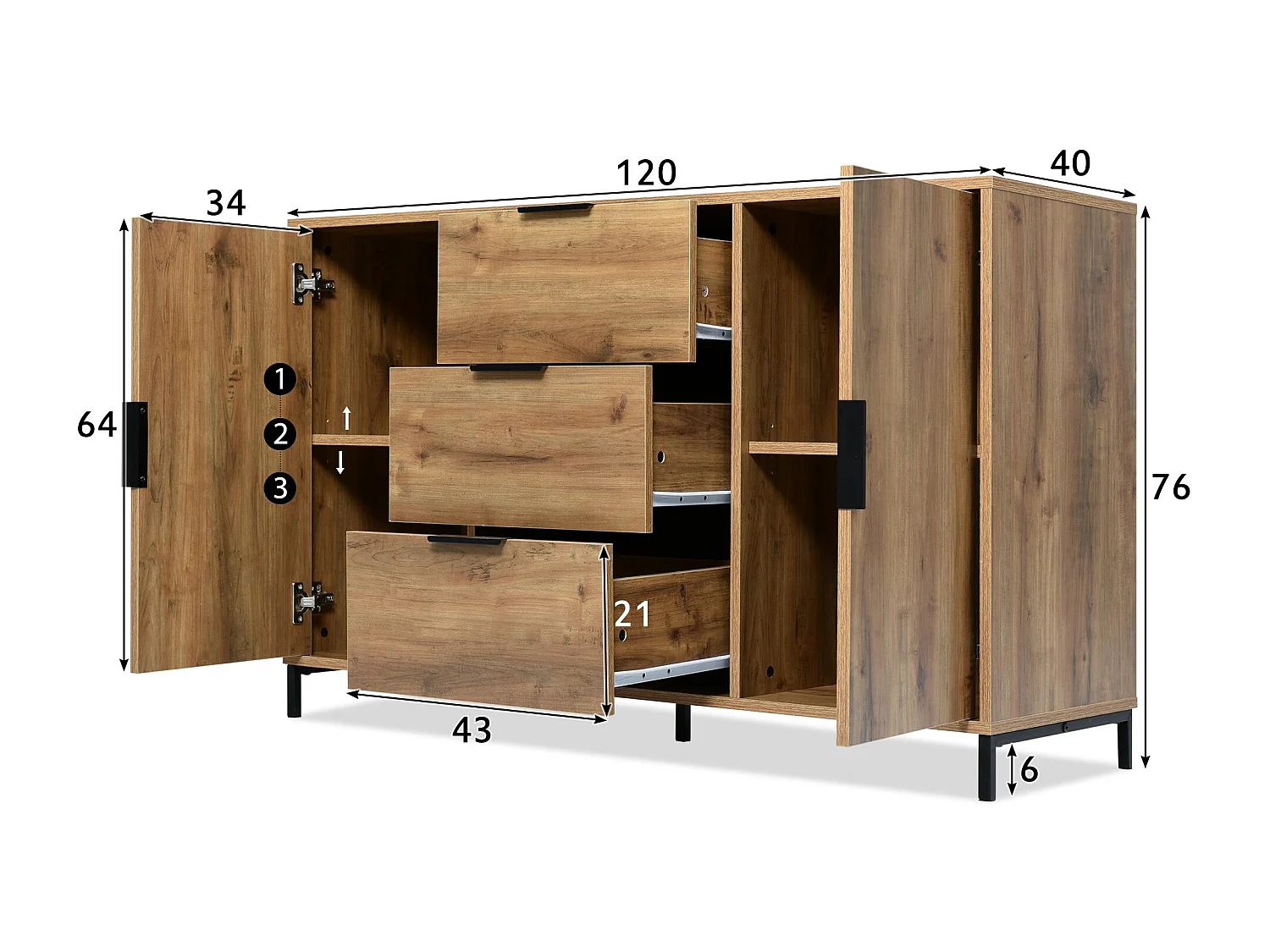 Dressoir met verstelbare planken - 2 deuren en 3 laden - Donker eiken