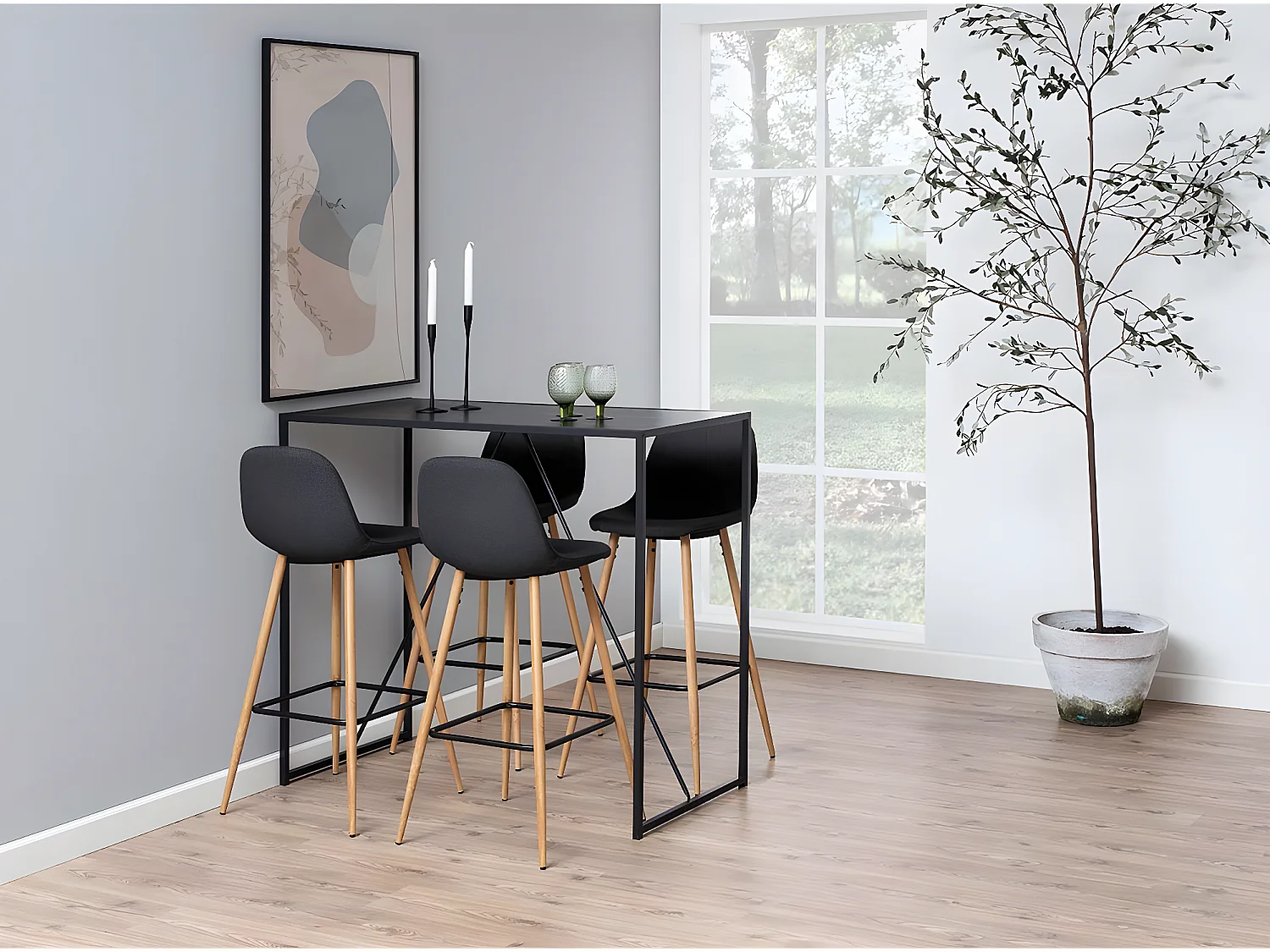 Willy barstoel in grijs met eiken onderstel en voetensteun in zwart.