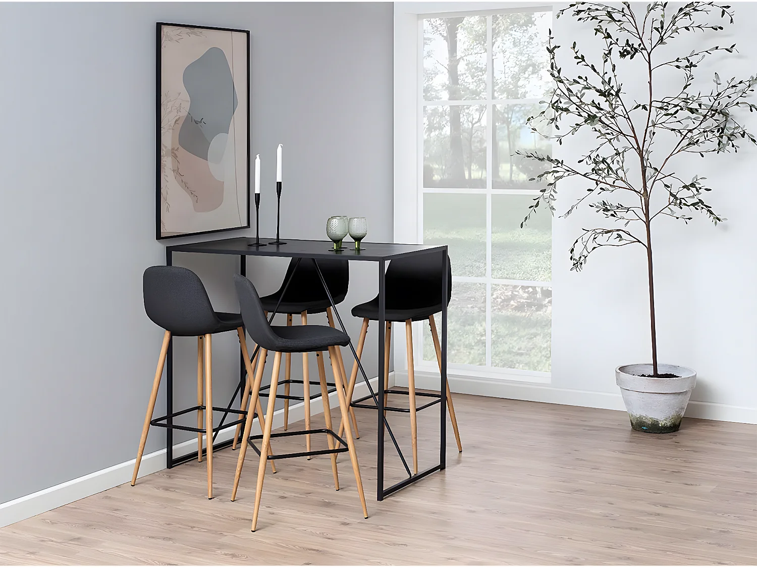 Willy barstoel in grijs met eiken onderstel en voetensteun in zwart.