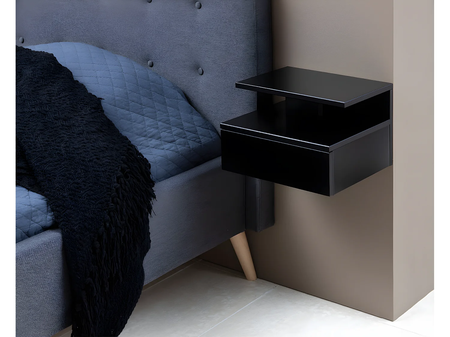 Ashlan Table de chevet murale avec 1 tablette de rangement, 1 tiroir, noir.