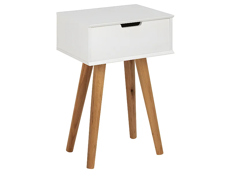 Mike Table de chevet avec 1 tiroir en blanc et pieds en chêne.