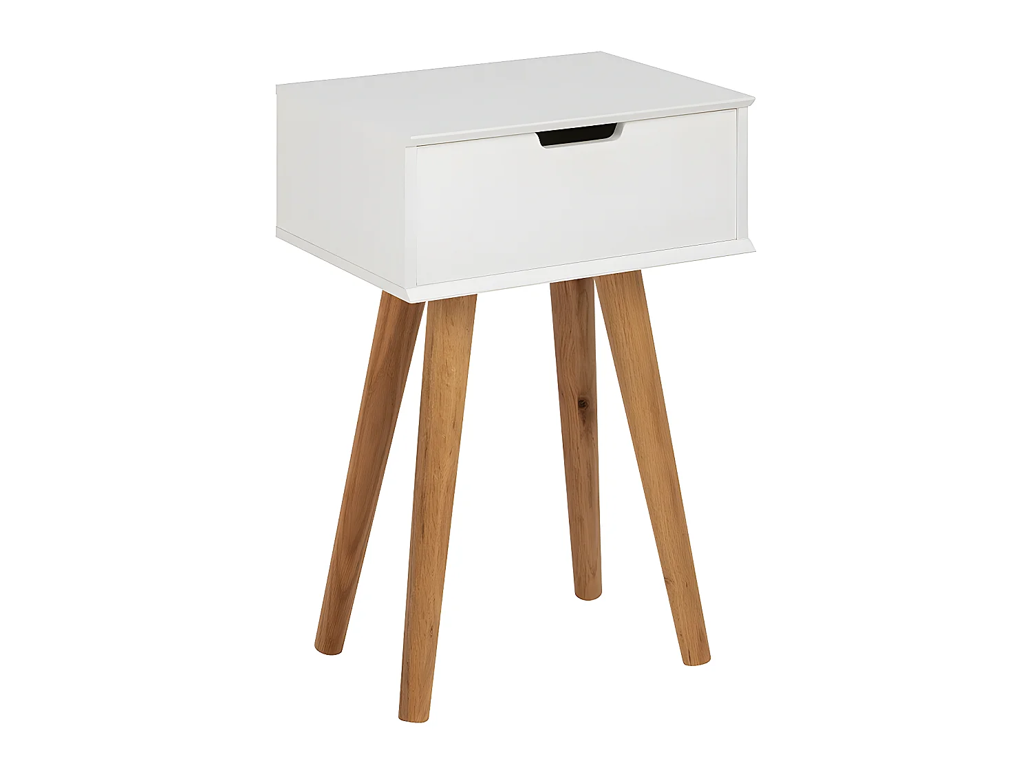 Comodino Mike con 1 cassetto bianco e gambe in legno di rovere.