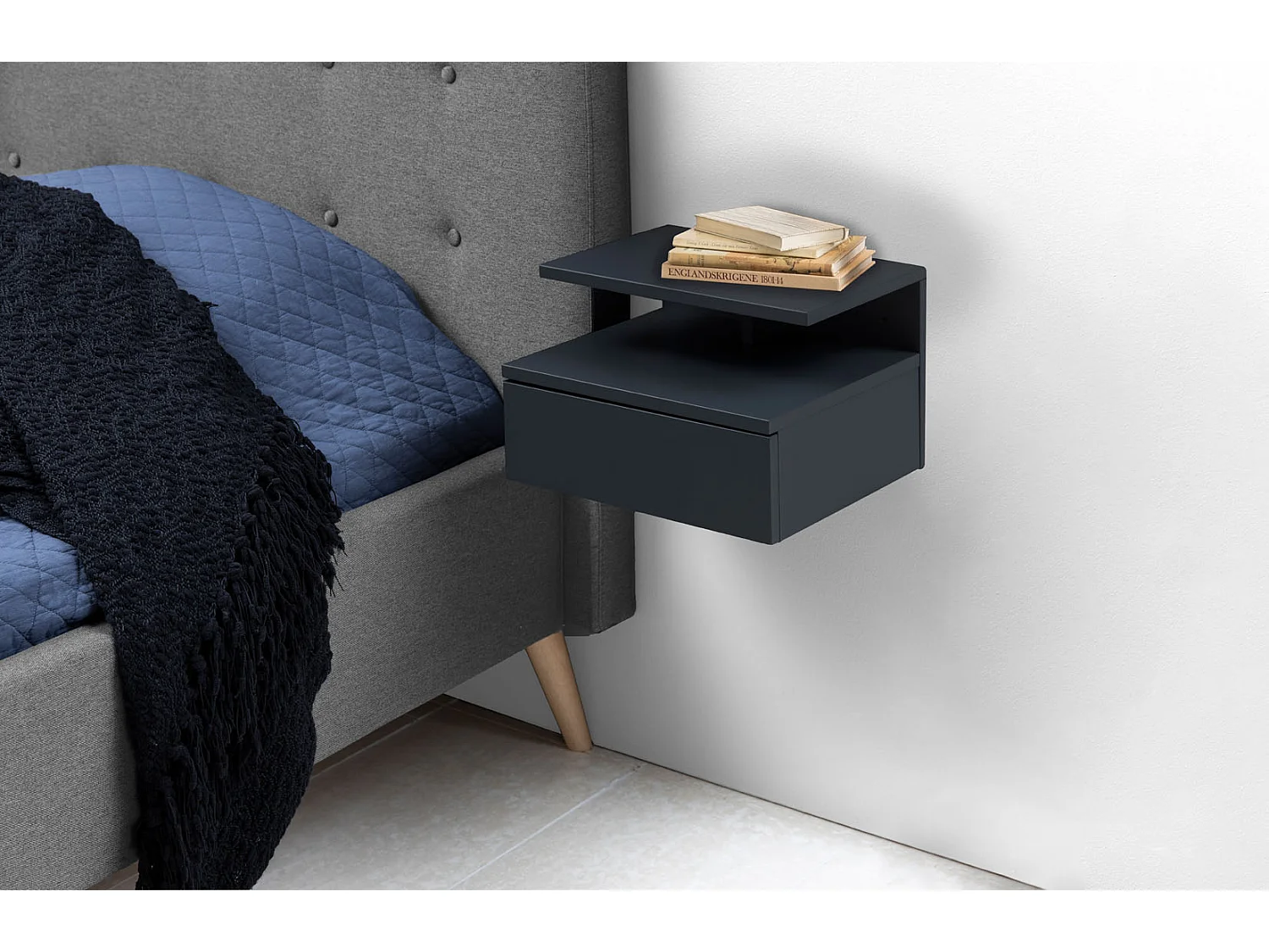 Ashlan Table de chevet murale avec 1 tablette de rangement, 1 tiroir, gris foncé.