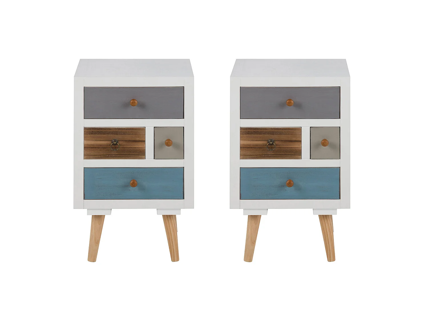 Thames Table de nuit 2 pcs., blanc avec tiroirs multicolores. Livrée complètement montée.