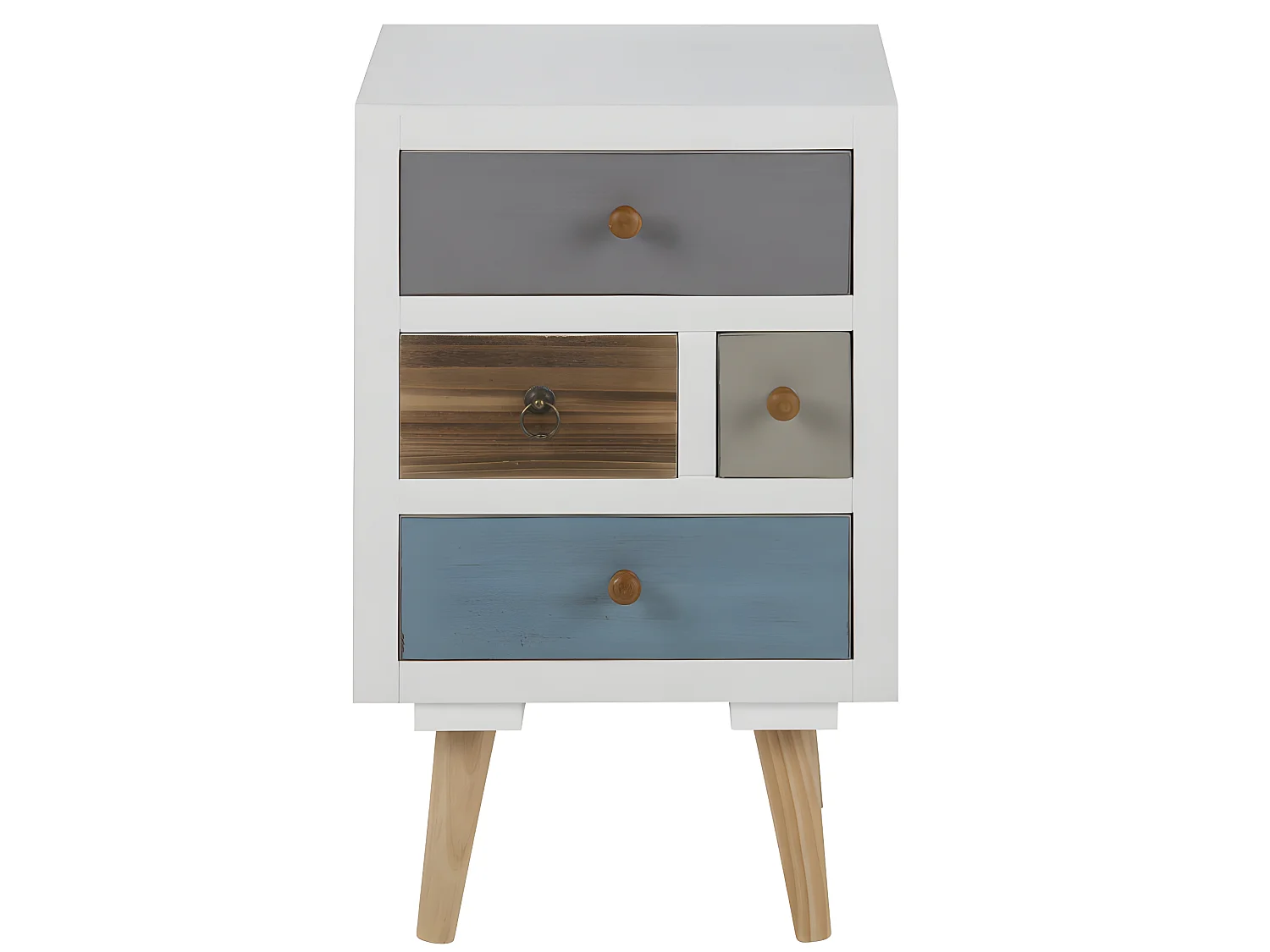 Thames Table de nuit blanche avec des tiroirs de différentes couleurs. Livrée complètement montée.