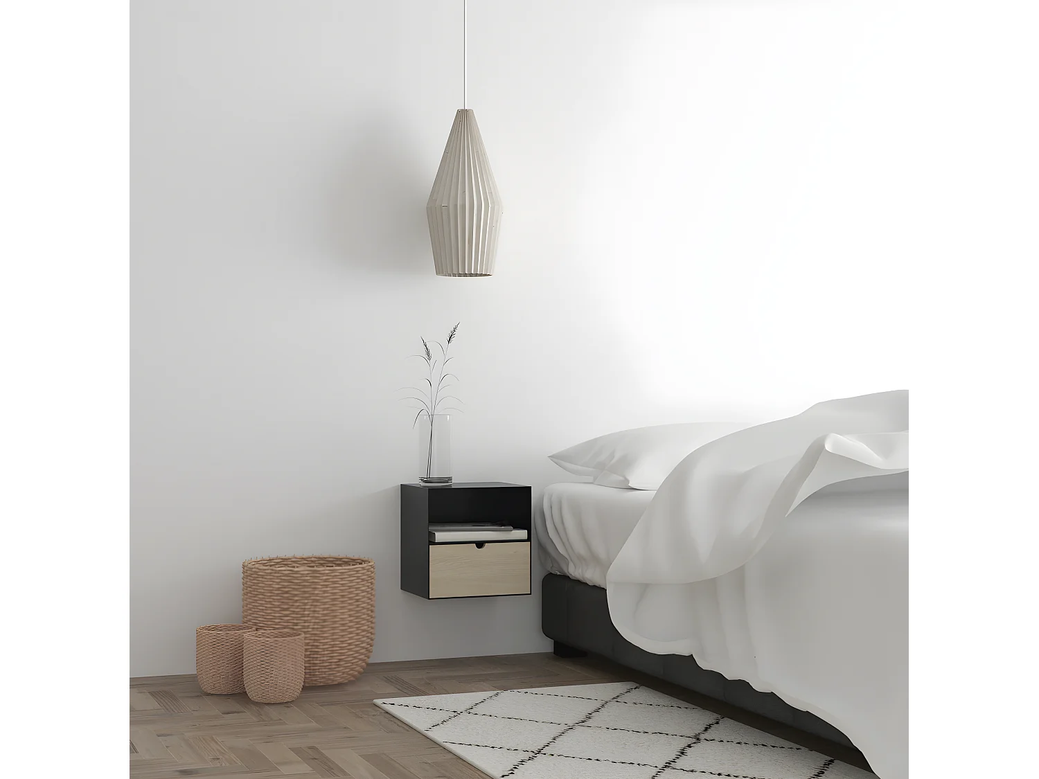 Joliet Table de chevet murale avec 1 tablette de rangement et 1 tiroir, noir.