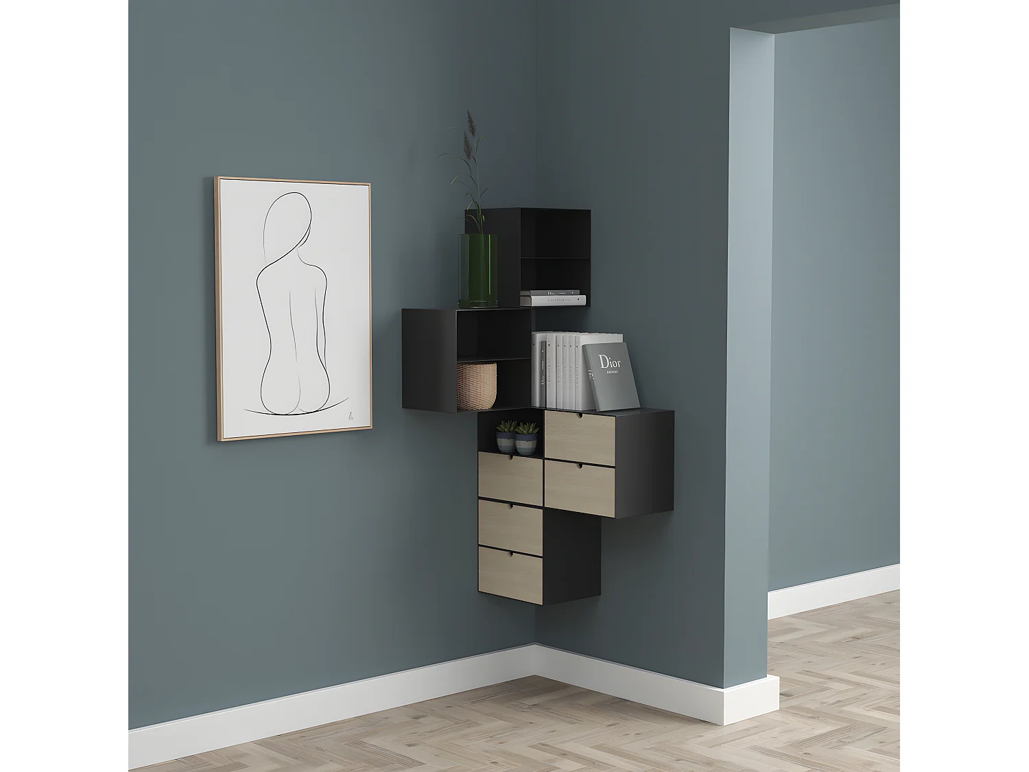 Joliet Table de chevet murale avec 1 tablette de rangement et 1 tiroir, noir.