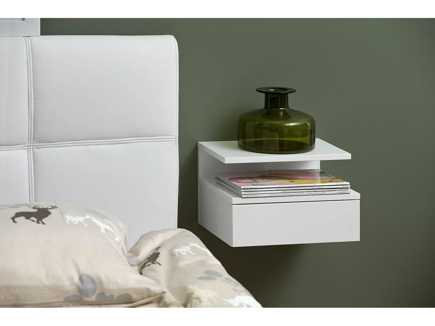 Ashlan Table de chevet murale avec 1 tablette de rangement, 1 tiroir, blanc.