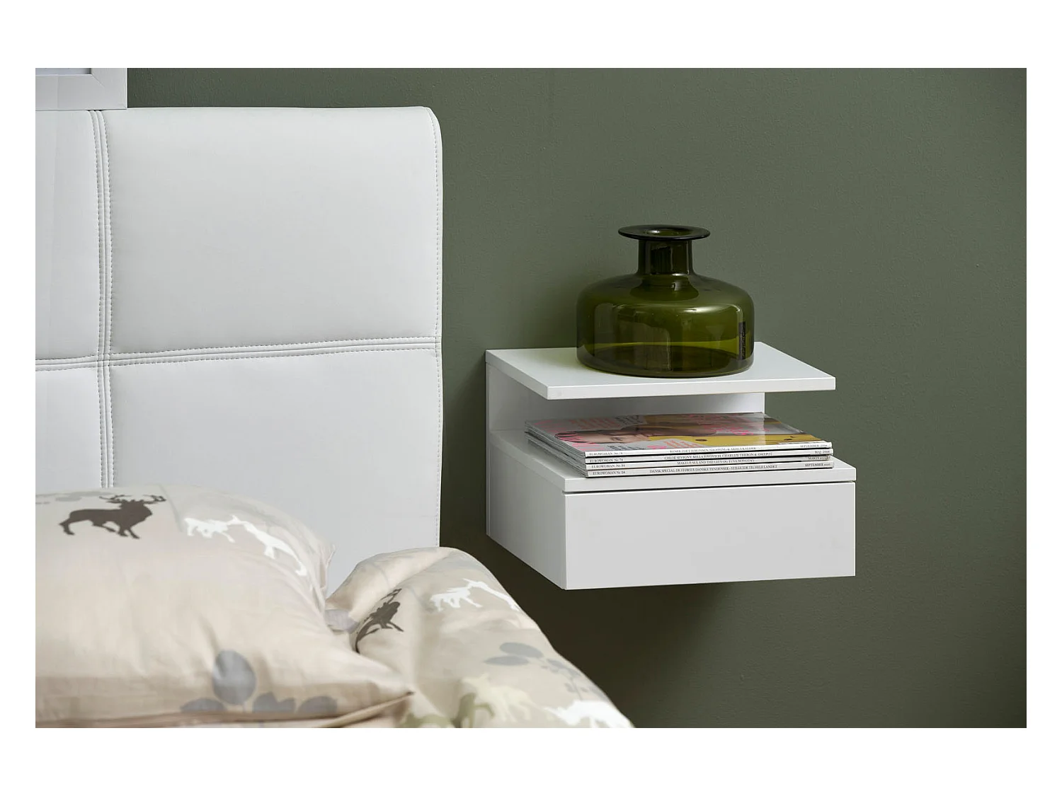 Ashlan Table de chevet murale avec 1 tablette de rangement, 1 tiroir, blanc.