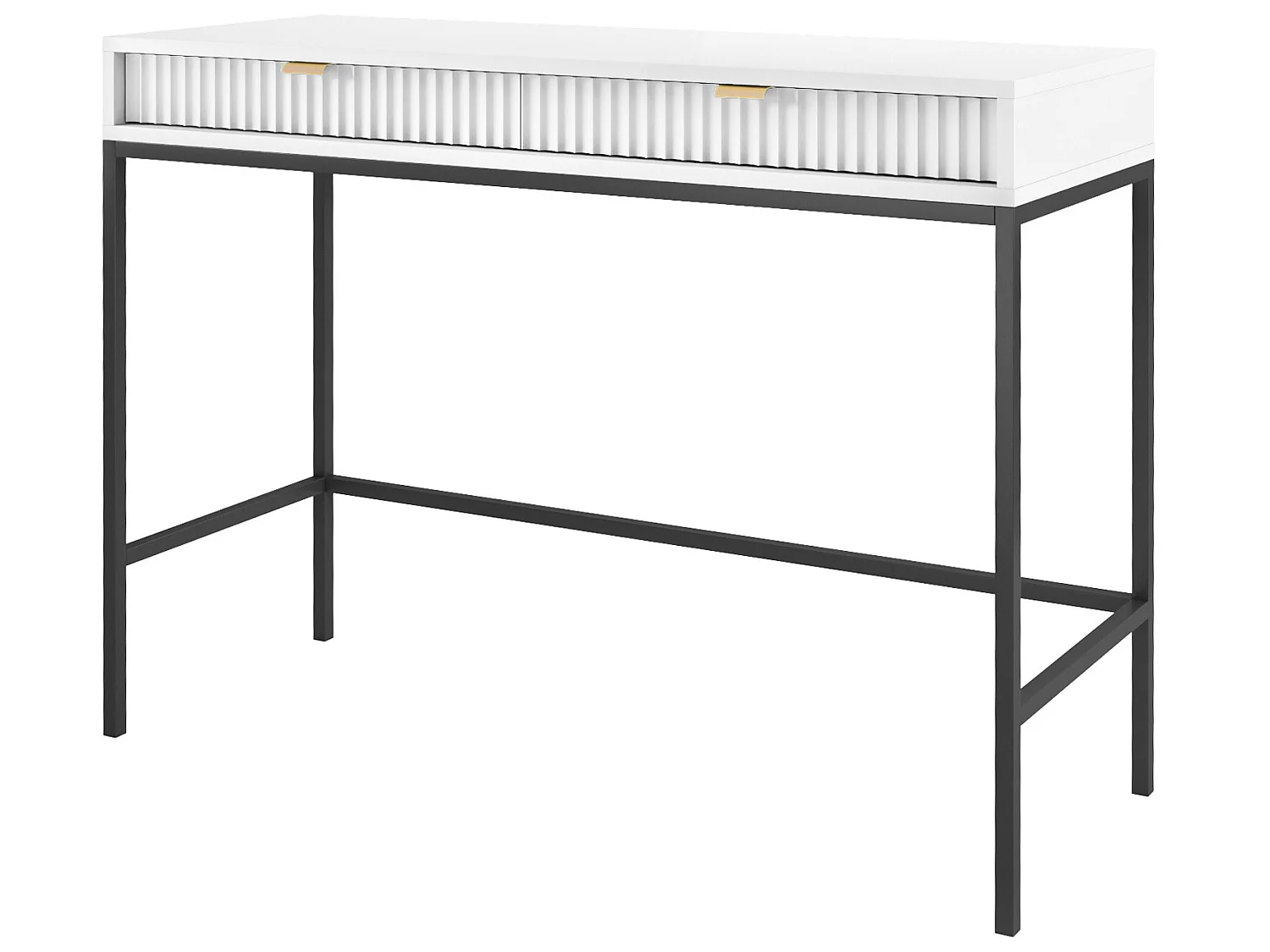 Schminktisch Schreibtisch mit Schubladen - 104 cm - Weiß mit geriffelten Fronten und schwarzen Metallbeinen - VELLORE