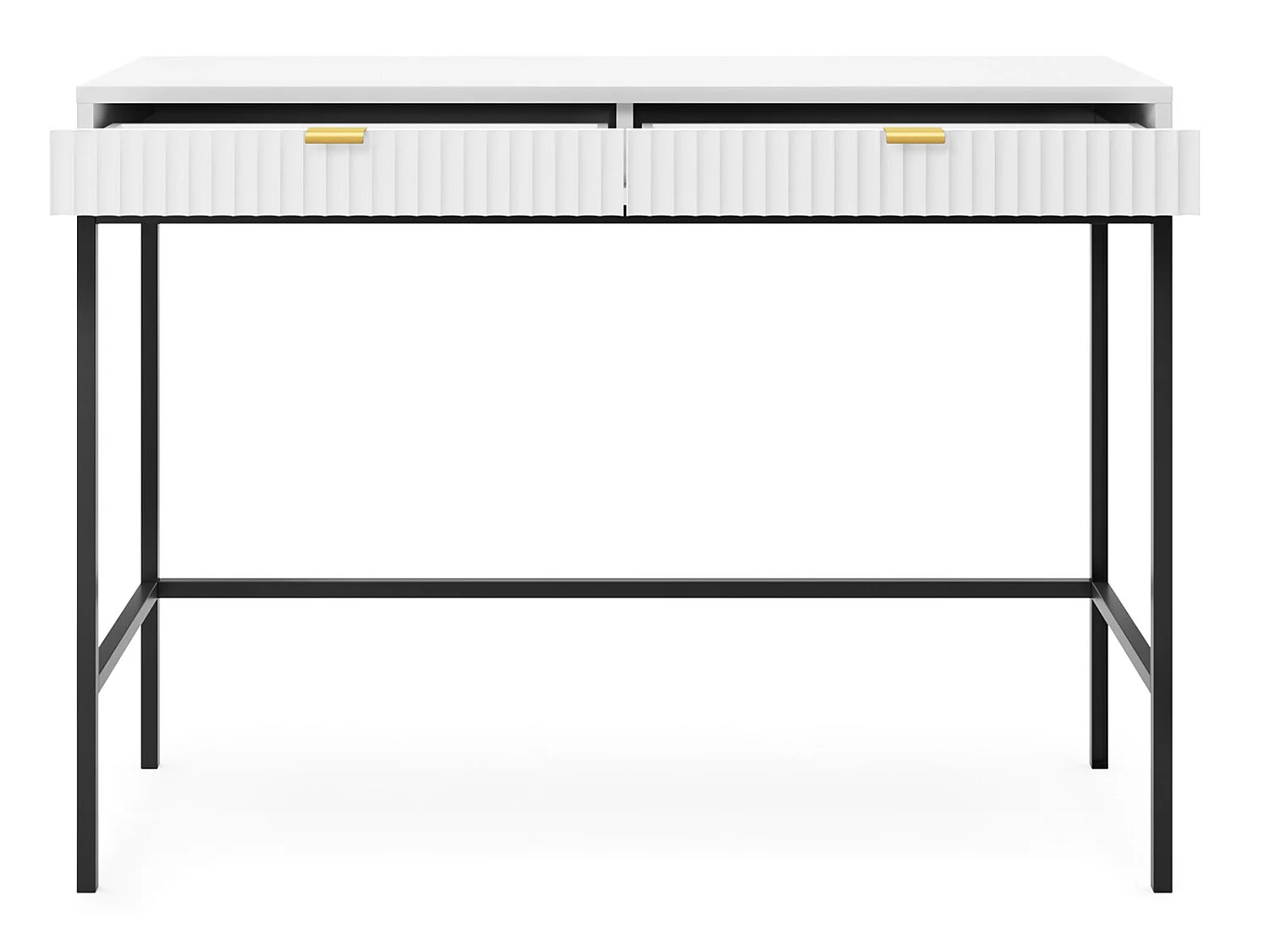 Schminktisch Schreibtisch mit Schubladen - 104 cm - Weiß mit geriffelten Fronten und schwarzen Metallbeinen - VELLORE