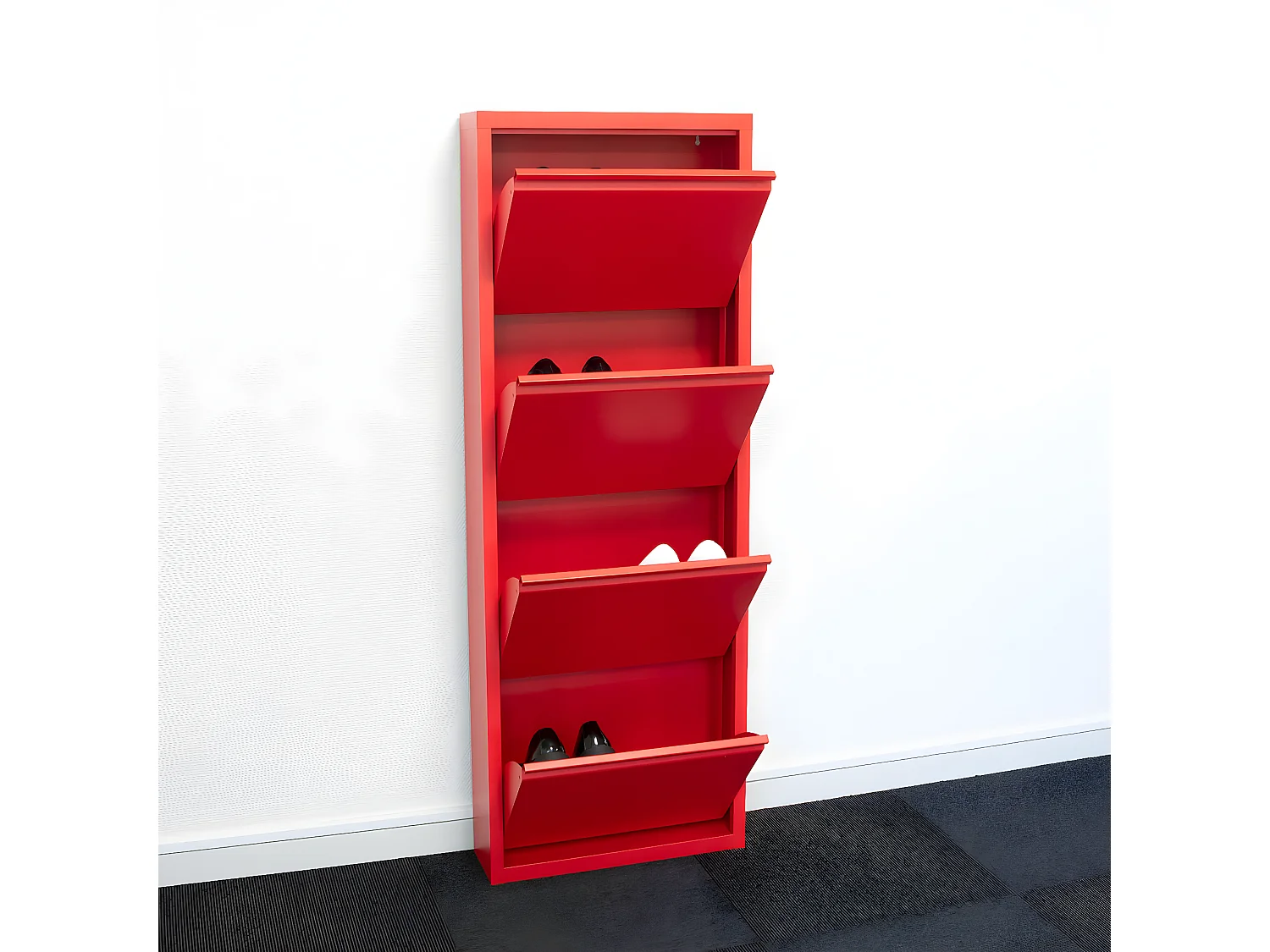 Pisa Armoire à chaussures à 12 rabats/portes en métal, rouge. Livré entièrement monté.