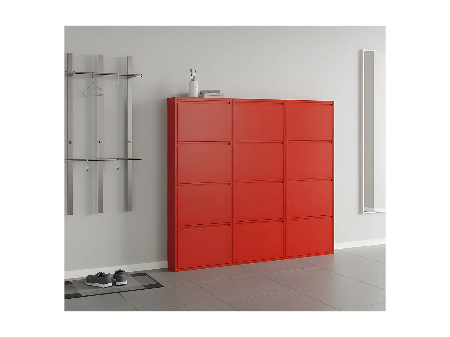 Pisa Armoire à chaussures à 12 rabats/portes en métal, rouge. Livré entièrement monté.