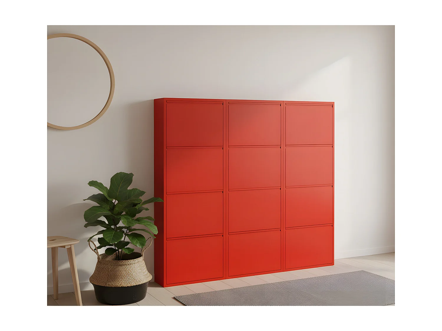 Pisa Armoire à chaussures à 12 rabats/portes en métal, rouge. Livré entièrement monté.
