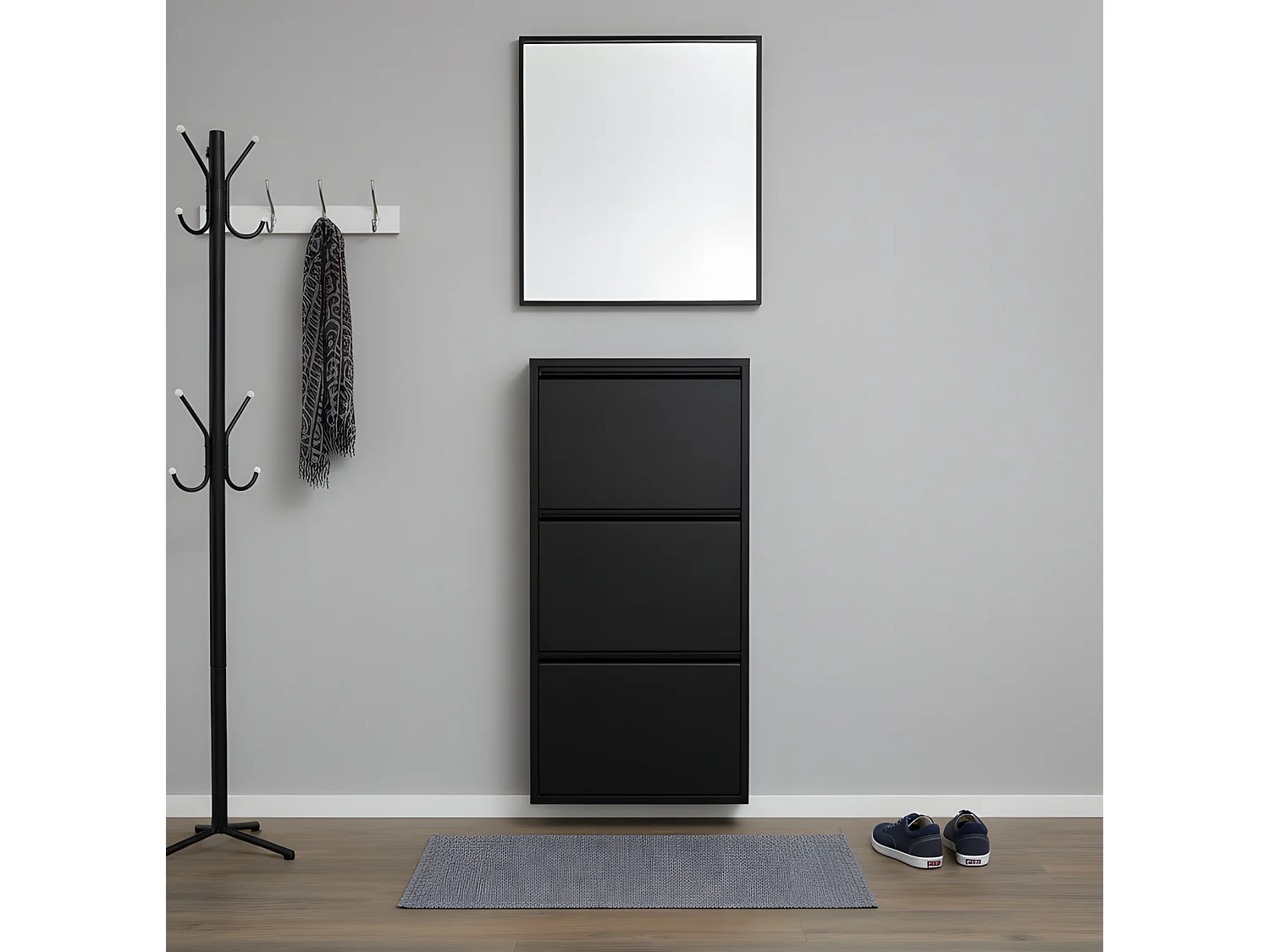 Pisa Armoire à chaussures à 3 rabats/portes en métal noir. Livré entièrement monté.