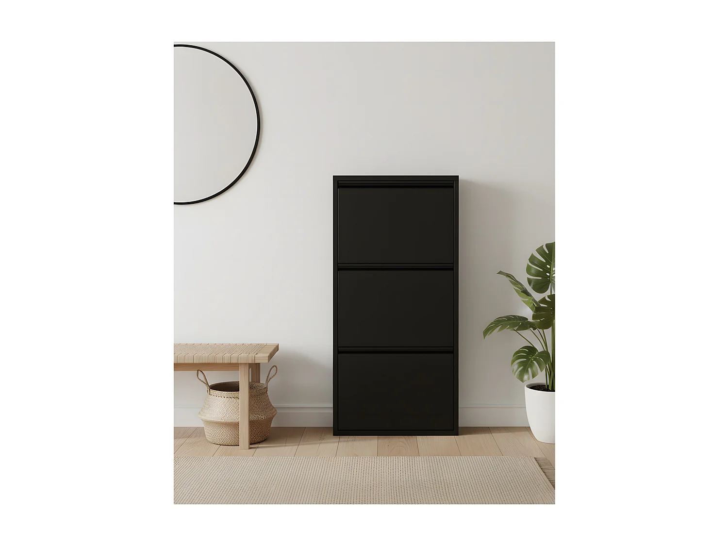 Pisa Armoire à chaussures à 3 rabats/portes en métal noir. Livré entièrement monté.