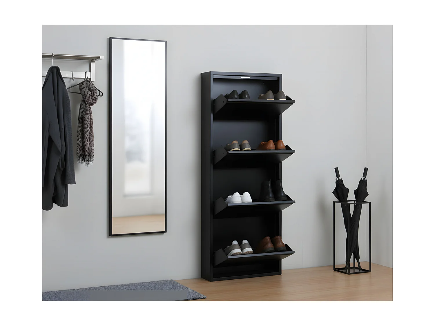 Pisa Armoire à chaussures à 4 rabats/portes métal noir.