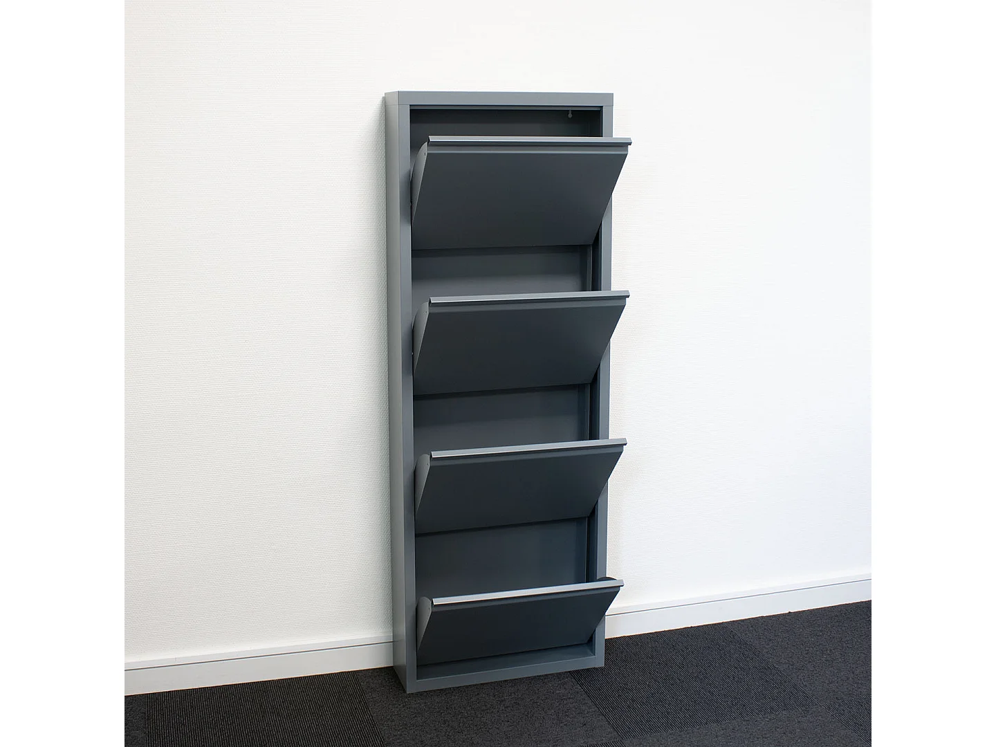 Pisa Schuhschrank mit 8 Klappen/Türen in Metall grau. Fertig montiert geliefert.